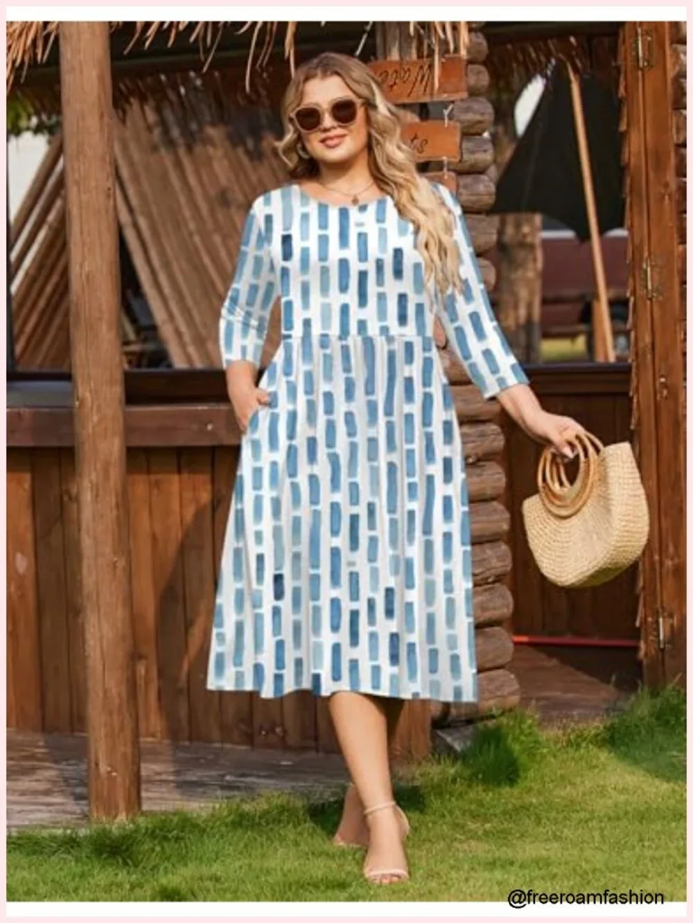 Plus Size 3/4 Sleeve Midi Dress with Pockets Casual Flowy A-Line Boho